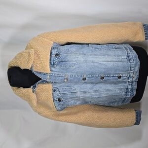 NWT MINKPINK DENIM Sherpa Jean Jacket Removable Collar Tan